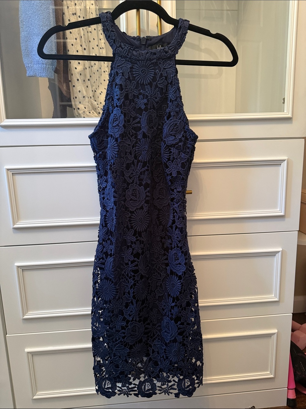 Lulu's Navy Crochet Lace Halter Midi Dress